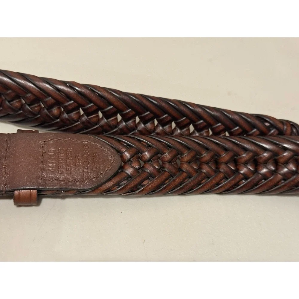 Mens Thick Braided Leather Belt 44 Brown Heavy Duty Woven Casual Silver Buckle